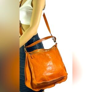 IL BISONTE Wanny Di Filippo Tan Leather Double Zip Large Crossbody Bag Italy